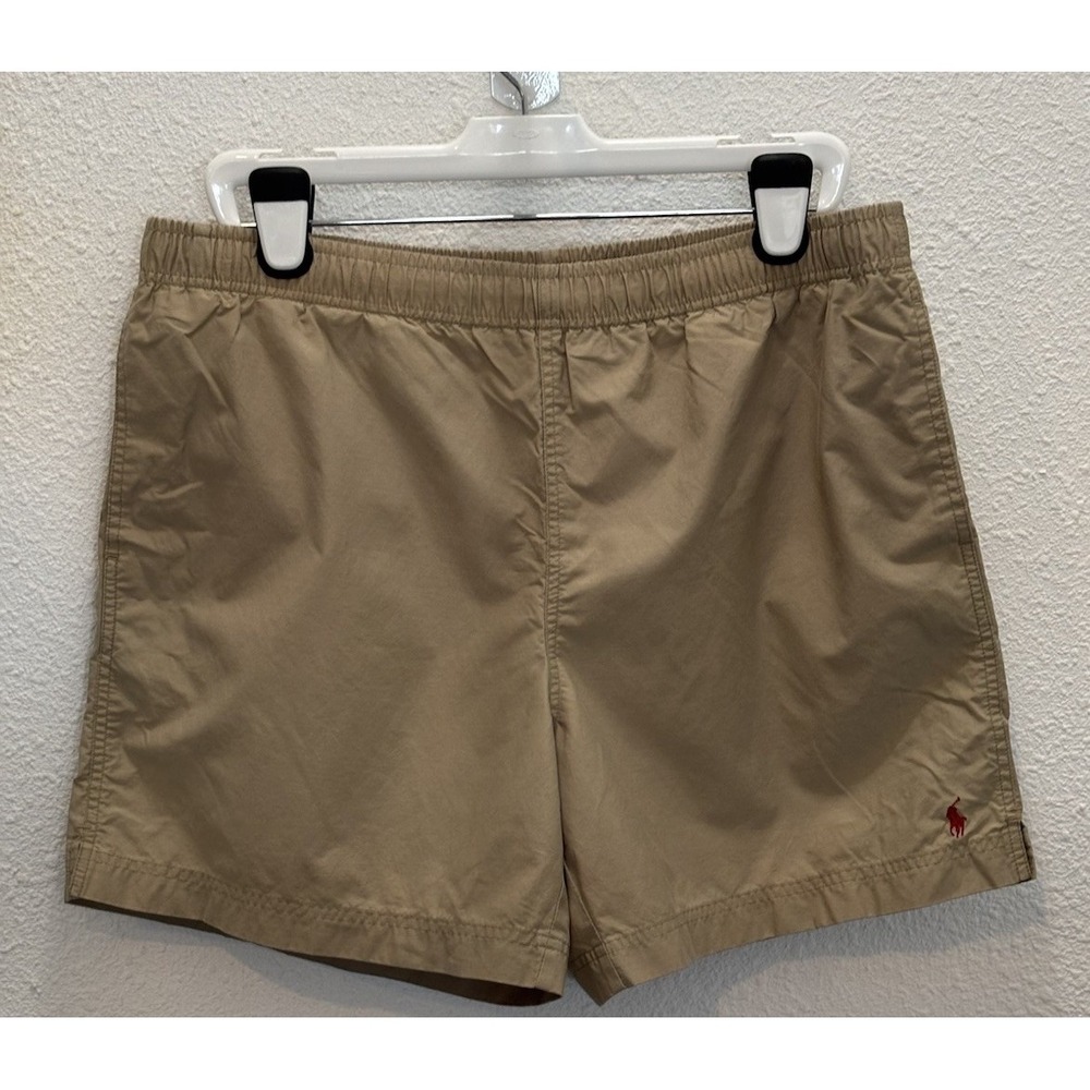 Vintage Ralph Lauren Polo Sport Drawstring Swim Shorts Trunks Mens L, Tan w/Red